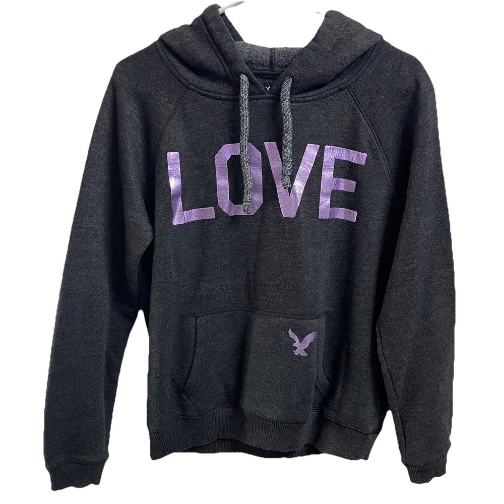 AMERICAN EAGLE Y2K Junior Dark Grey&Purple LOVE Sweatshirt‎ Hoodie SZ. M (12-14)